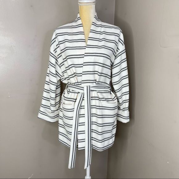 Bathrobe Sz L Waffle White & Black Stripes tie - Picture 12 of 12
